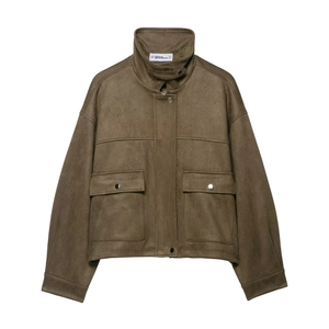 Veste bomber femme en suédine marron olive avec col montant et grandes poches plaquées