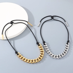 Fashion stainless steel chain necklace with adjustable black rope in gold and silver