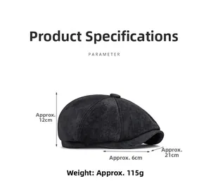 Detailed size parameters of a textured dark grey newsboy cap with material close-up