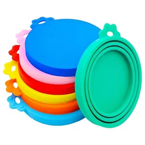 Universal food-grade silicone lids for pet cans in various vibrant colors and wavy handles