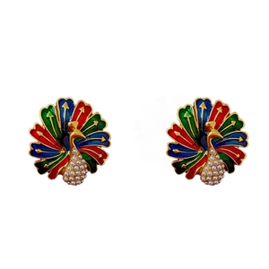 Vintage palace style gold peacock stud earrings with colorful enamel and white pearls