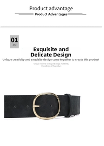 Détail de la ceinture en daim noir avec boucle ronde dorée et couture de précision