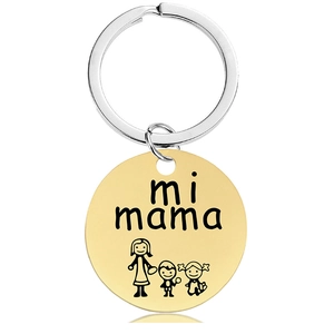 Detail of gold circular pendant engraved with mi mama and family figures on silver keyring