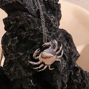 Detailed view of silver crab pendant on a rugged rock background with metal chain