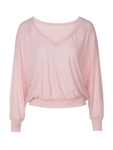 Pink V-neck sheer knit blouse with long sleeves and ribbed waist for a slim fit