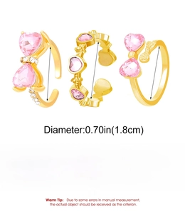 Detaillierte Größentabelle für goldene Ringe mit rosa Zirkon-Schleife und Herz