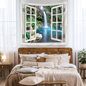Detail of bohemian tapestry featuring a 3D forest waterfall window view over a modern bed