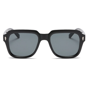 Classic black square frame sunglasses with grey lenses and silver arrow metal accents