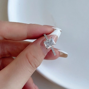 Macro shot of an S925 sterling silver ring with a large rectangular ice flower zircon