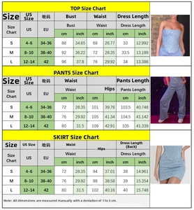 Tableau des tailles pour ensemble haut bustier à paillettes et pantalon large femme