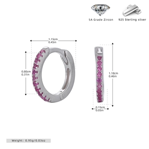 Detailed size chart of S925 sterling silver hoop earrings with pink 5A cubic zirconia