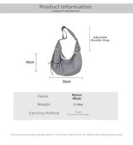 Size specifications for grey checkered nylon crescent bag with adjustable shoulder strap