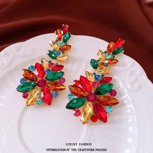 Vintage style colorful crystal floral drop earrings with multi-color rhinestones in gold finish