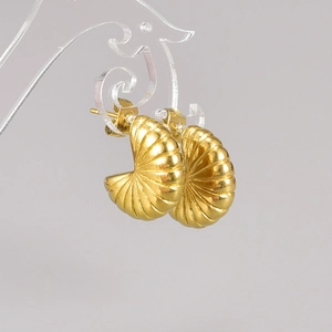 Elegant 18K gold plated shell fan-shaped textured earrings on clear acrylic display stand