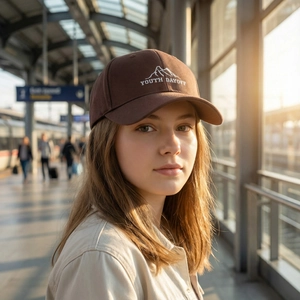 Dark brown baseball cap with mountain embroidery shown in soft sunset outdoor light