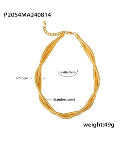 Detailed view of triple-strand twisted gold stainless steel choker with size measurements