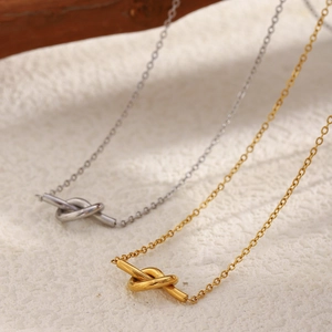 18K gold plated knot pendant necklace with minimalist stainless steel link chain for women