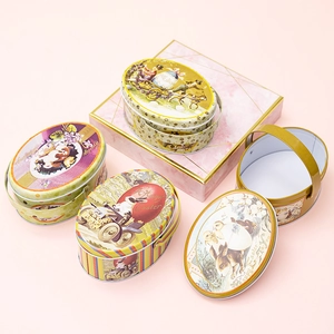 Detailed view of vintage Easter tin storage boxes with metal handles and rabbit prints