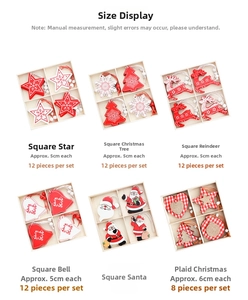 Size chart for wooden Christmas ornaments showing dimensions of stars and trees