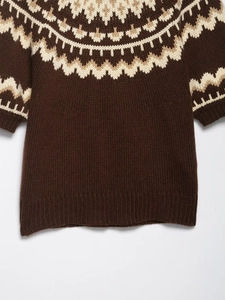 Detail of vintage Fair Isle knit sweater showing brown and beige geometric patterns