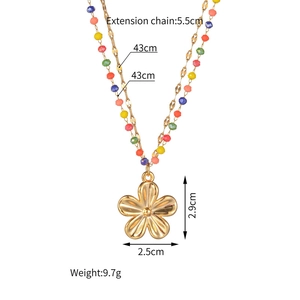 18K gold double layer necklace with colorful beads and a floral pendant dimensions