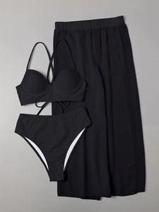 Ensemble de bain noir 3 pièces avec haut de bikini, bas taille haute et pantalon de plage