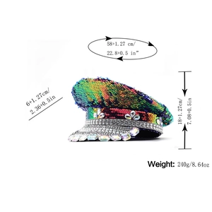 Green sequined party captain hat with iridescent rhinestones and size measurements