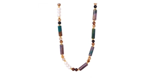 Detail view of handmade necklace with natural stones, freshwater pearls and gold beads