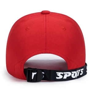 Red baseball cap rear view with black adjustable SPORTS strap and buckle detail