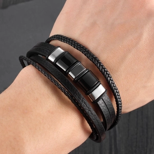 Classic multilayer black leather woven bracelet for men with steel charms and magnetic clasp