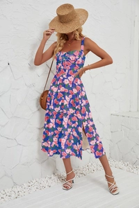 Chic blue floral sun dress with side slit detail and stylish summer accessories