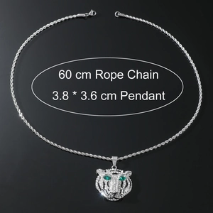 Hip hop silver lion head necklace with green eyes and 60cm rope chain for men