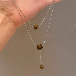 Zweilagige Halskette Mit Kupferkette Und Braunen Tigerauge Perlen Vintage Minimalistische Schlüsselbeinkette Für Frauen Elegantes Accessoire