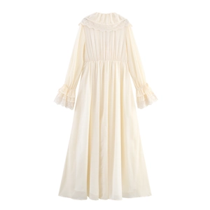 Elegant off-white French style maxi dress with ruffle sleeves and lace details
