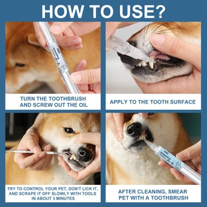 Instruction guide showing the four-step pet teeth cleaning process with brightening pen