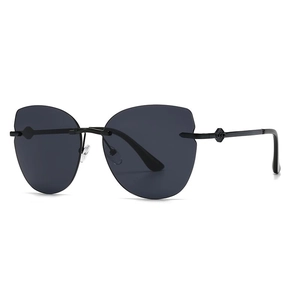 Modern retro black cat-eye rimless sunglasses with slim black metal temples for women