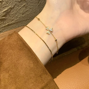 18K gold plated clover bracelet and minimal bangle set with sparkling zircons for women