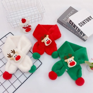 Three plush Christmas scarves for kids in white red and green with reindeer design