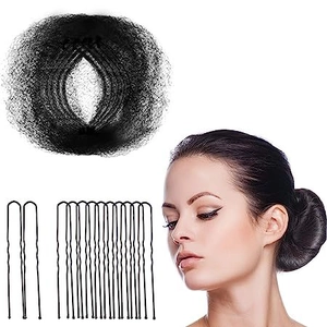 Detail of black nylon hairnet and metal U-shaped pins for elegant bun styling