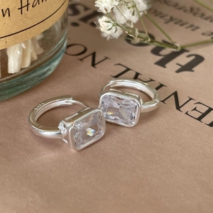 Rectangular Cubic Zirconia Hoop Earrings 925 Sterling Silver Geometric Minimalist Fashion Jewelry For Women