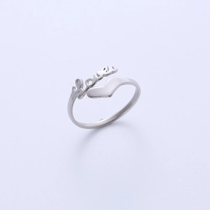 Minimalist silver heart love letter adjustable open ring in a top-down view