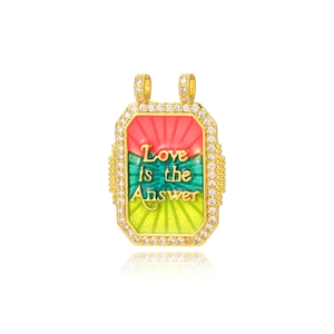 Golden tarot style heart pendant with Love is the Answer enamel design and crystals