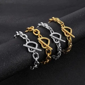 Stainless Steel Toggle Clasp Bracelet Heart Shape T-Bar Chunky Link Chain Hip Hop Punk Style Neutral Jewelry