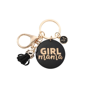 Handmade GIRL mama leather keychain with black tassel and golden M charm on white background
