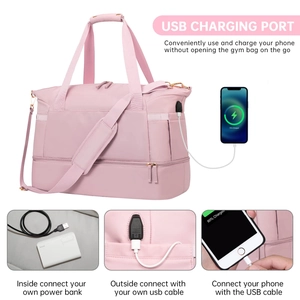 Pink travel bag detail showing the USB charging port and easy device connection steps
