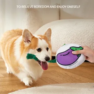 Interactive eggplant plush dog toy with cotton rope for small to medium dogs
