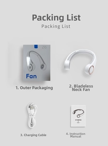 Neck fan set including white bladeless fan, USB cable, manual and retail packaging box