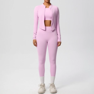 Detailed full-body view of a 3-piece light purple yoga set with zip jacket and high-waist pants