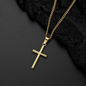 Pendentif croix dorée style hip-hop pour homme avec chaîne cubaine sur pierre noire