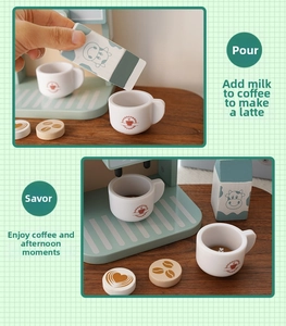 Detail view of wooden coffee machine toy set with cups and milk carton for kids
